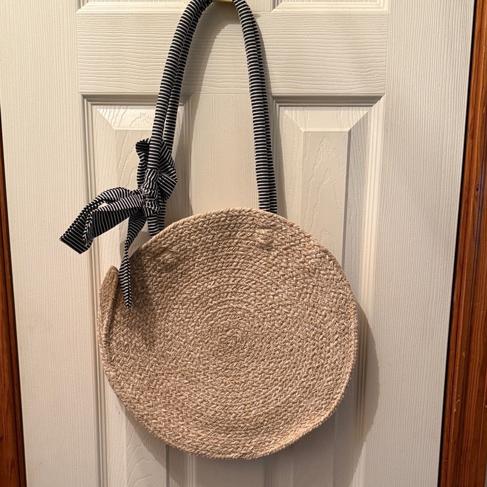Elegant Beige Round Shoulder Bag with Striped Handle
